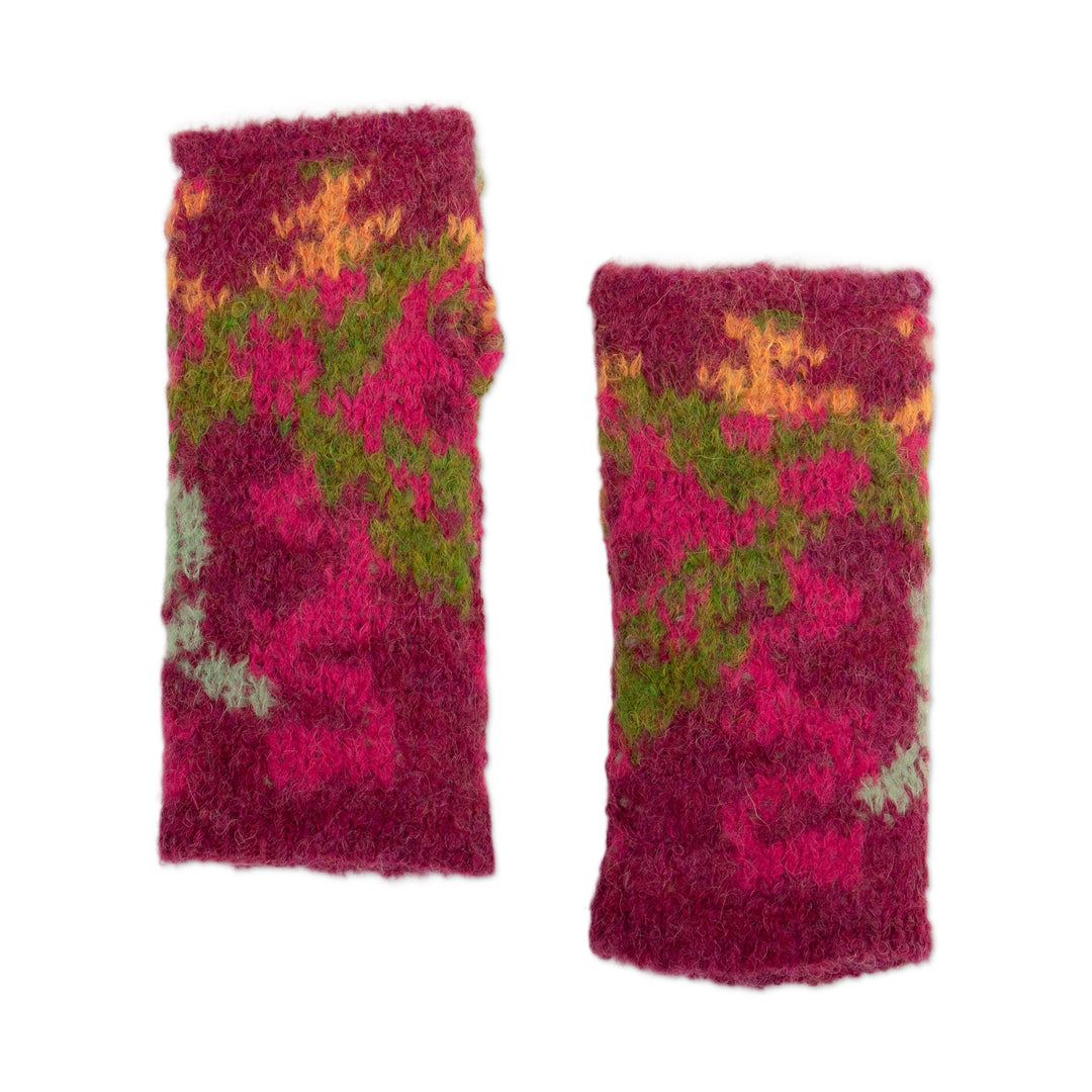 Alpaca Blend Knit Fingerless Mittens in Burgundy and Green - Burgundy Andean Mosaics