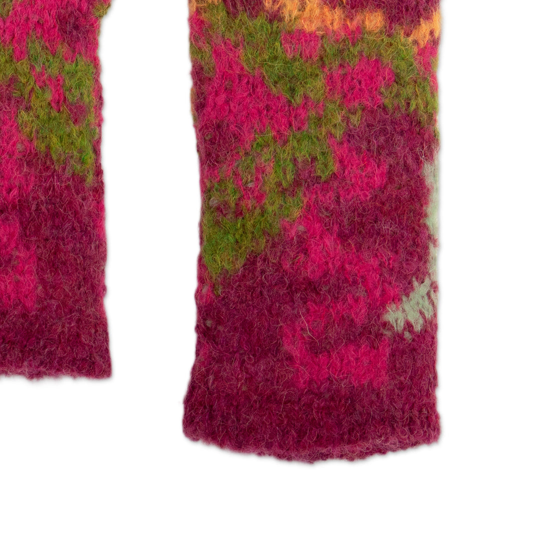 Alpaca Blend Knit Fingerless Mittens in Burgundy and Green - Burgundy Andean Mosaics