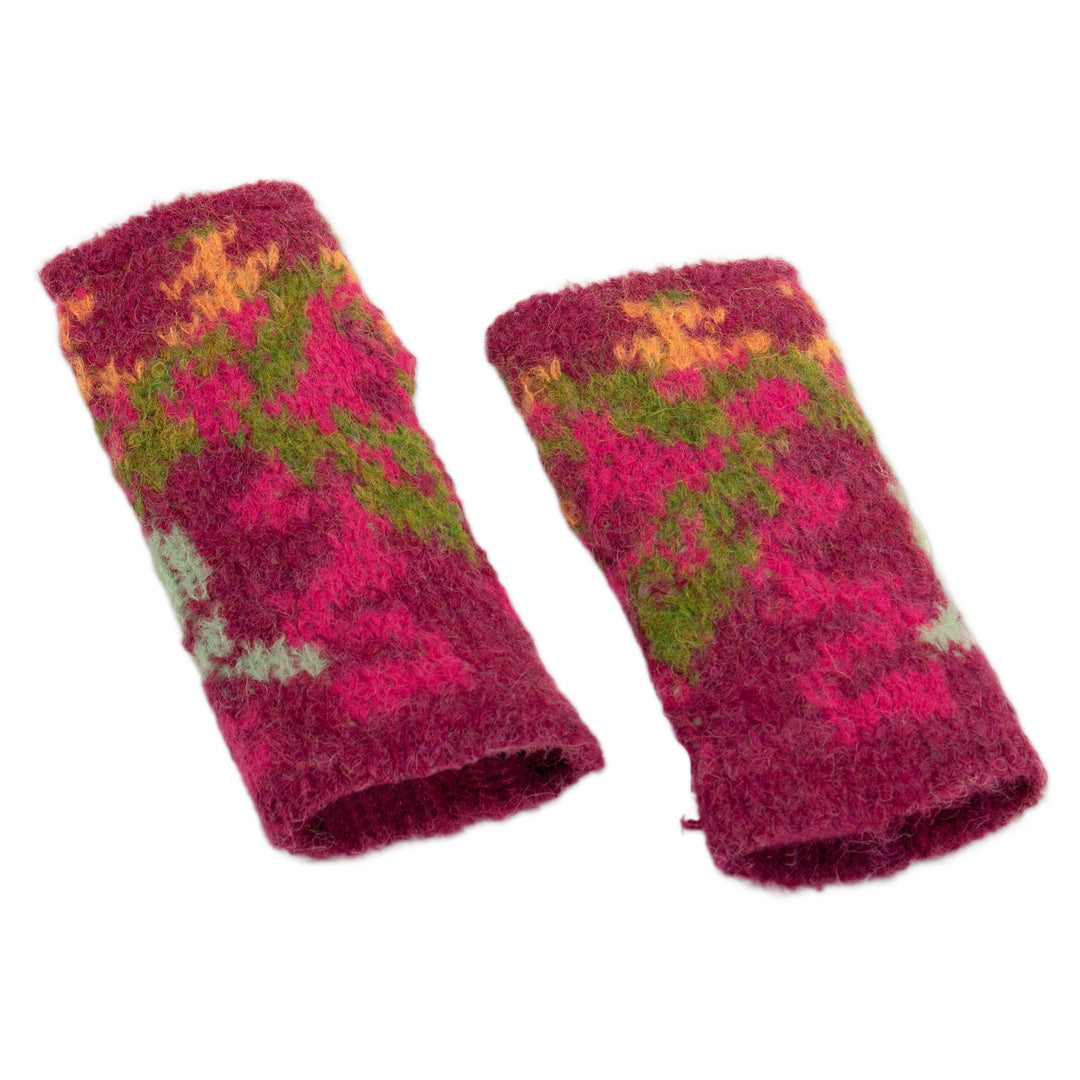 Alpaca Blend Knit Fingerless Mittens in Burgundy and Green - Burgundy Andean Mosaics