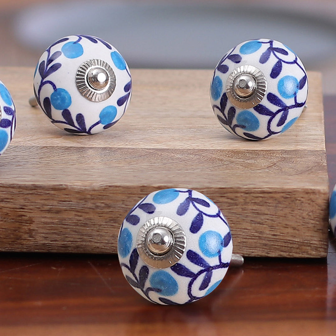 Set of 6 Handcrafted Blue and White Leafy Ceramic Knobs - The Forest Blue