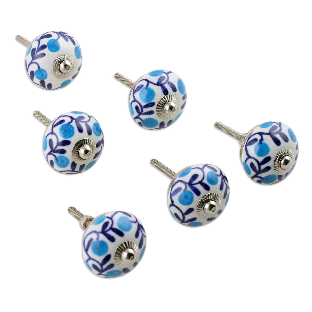 Set of 6 Handcrafted Blue and White Leafy Ceramic Knobs - The Forest Blue