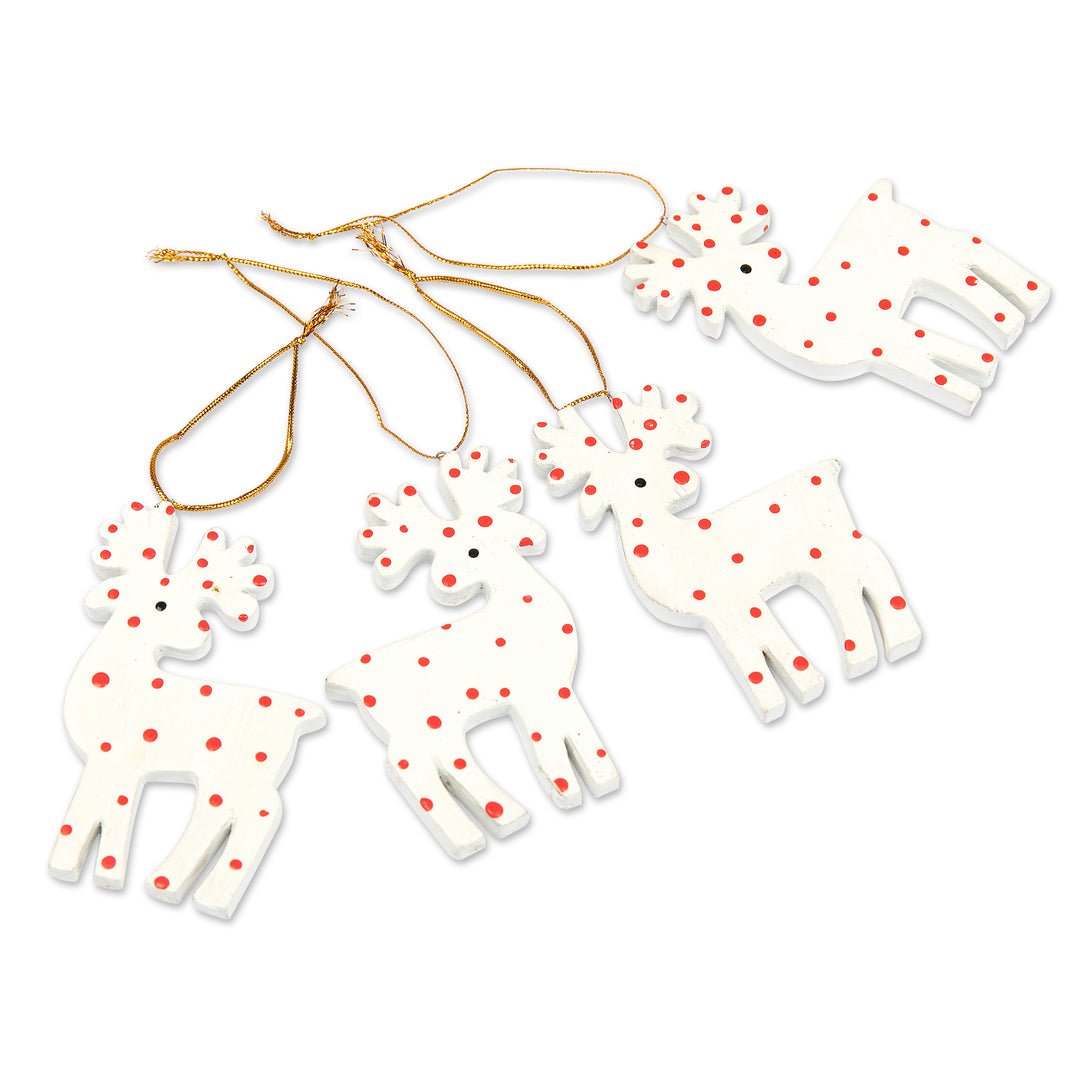 4 Hand-Painted Wood Polka Dot Reindeer Christmas Ornaments - Polka Dot Reindeer