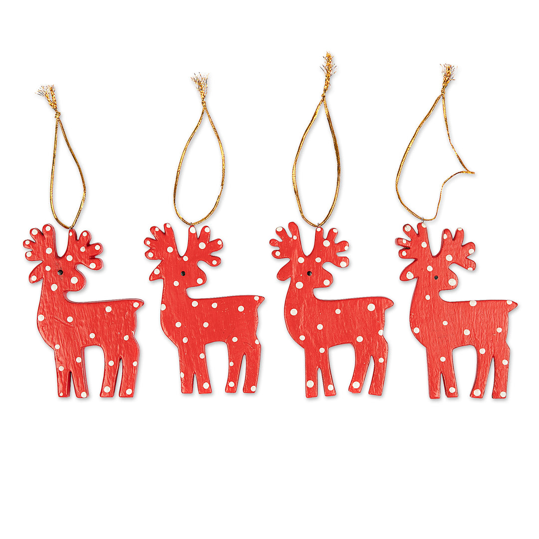 4 Hand-Painted Red & White Wood Reindeer Christmas Ornaments - Cheerful Polka Dot Reindeer