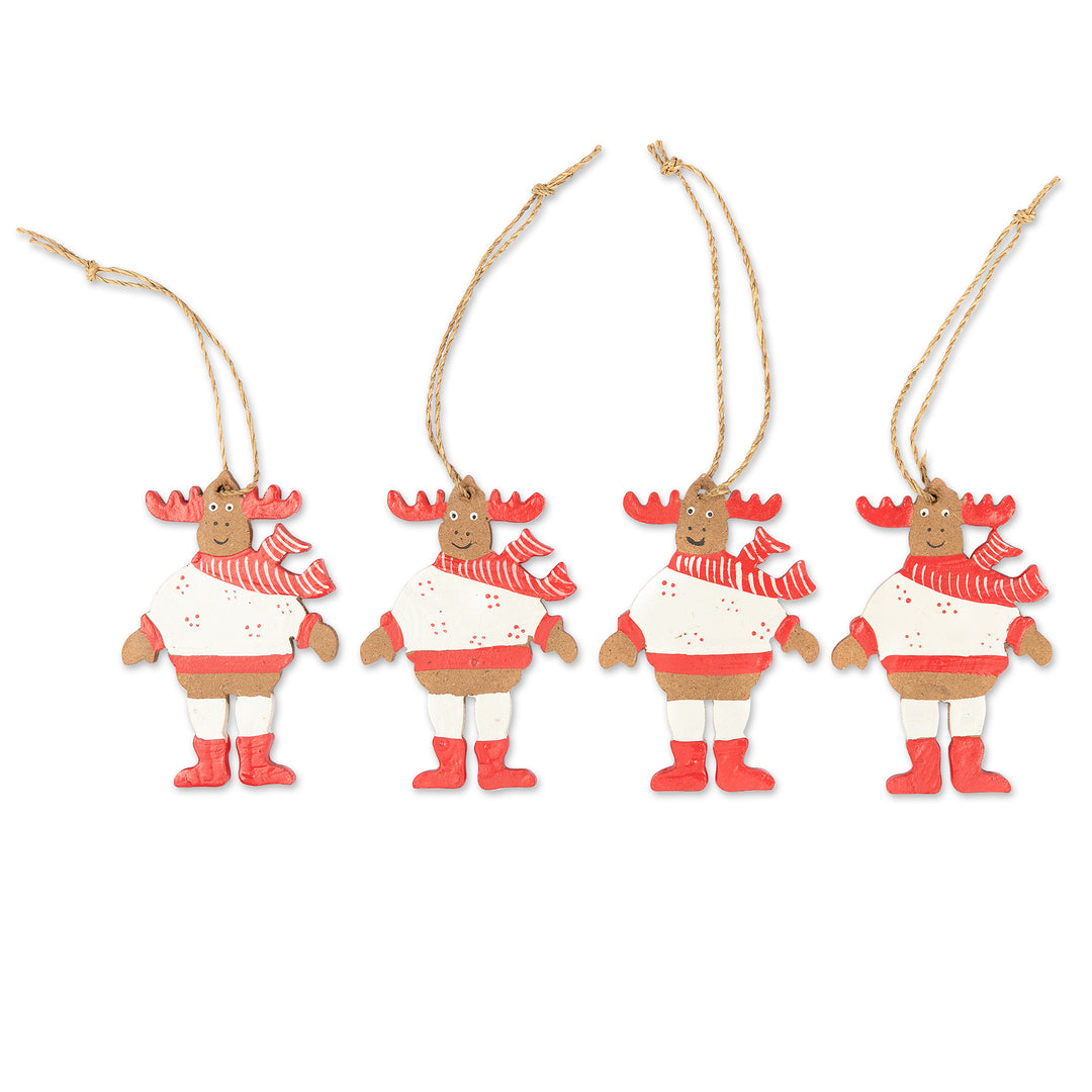4 Hand-Painted Wood Moose Christmas Ornaments from Bali - Smiley Moose