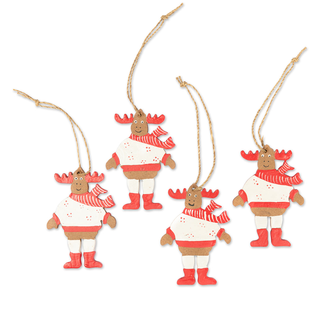 4 Hand-Painted Wood Moose Christmas Ornaments from Bali - Smiley Moose