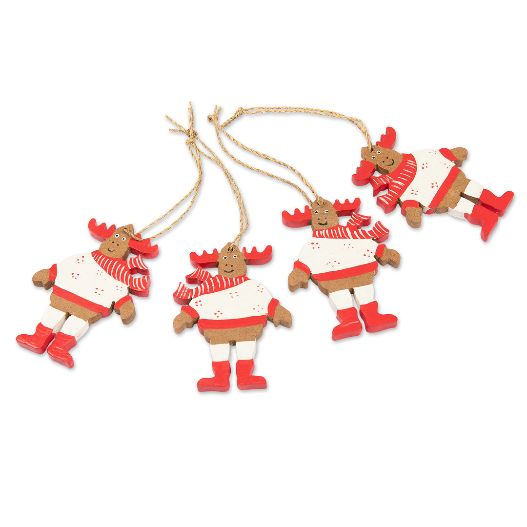 4 Hand-Painted Wood Moose Christmas Ornaments from Bali - Smiley Moose