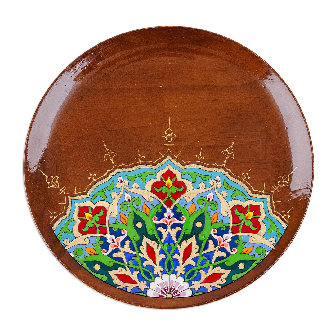 Lacquered Peacock-Inspired Round Walnut Wood Wall Art - 'Peacock's Essence