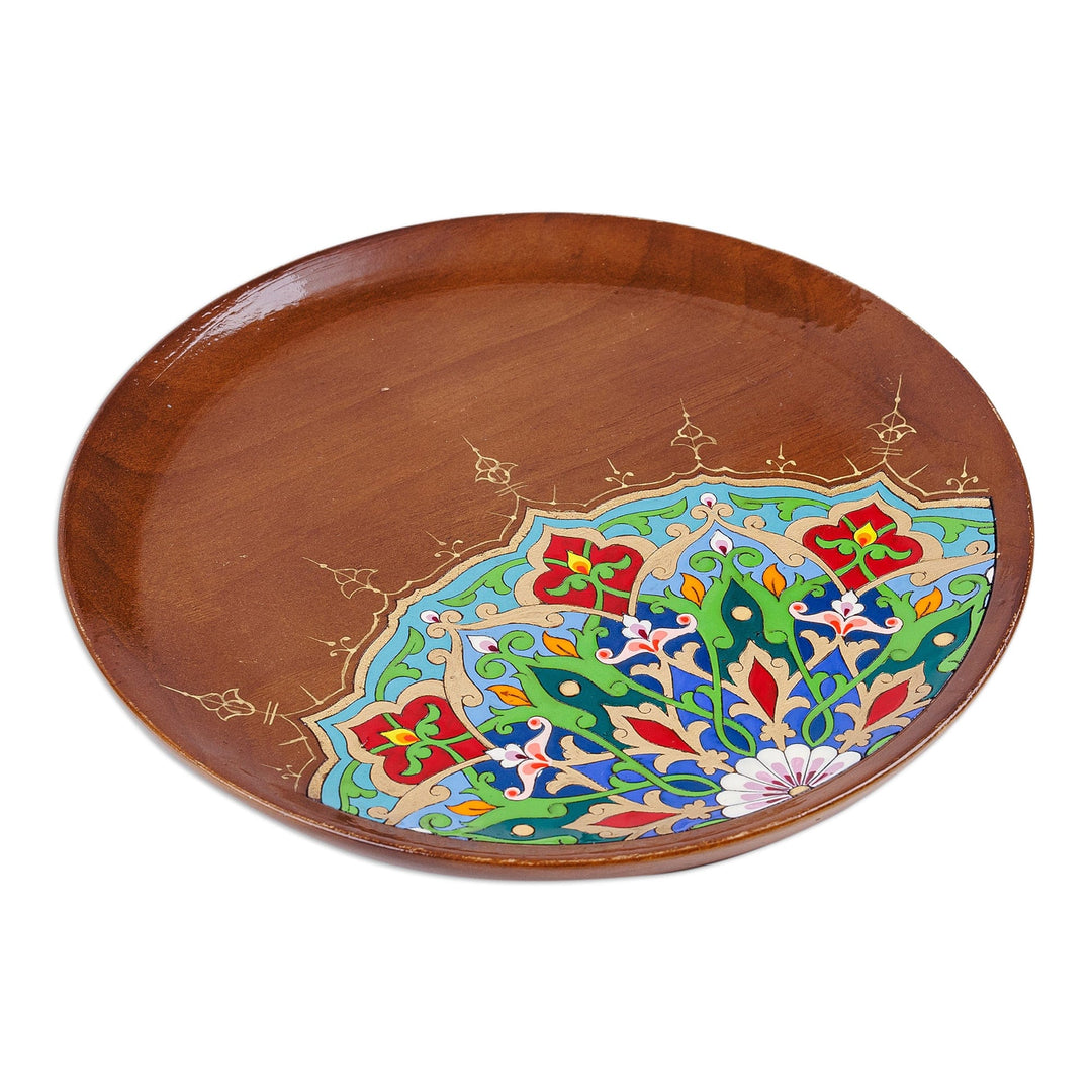 Lacquered Peacock-Inspired Round Walnut Wood Wall Art - 'Peacock's Essence