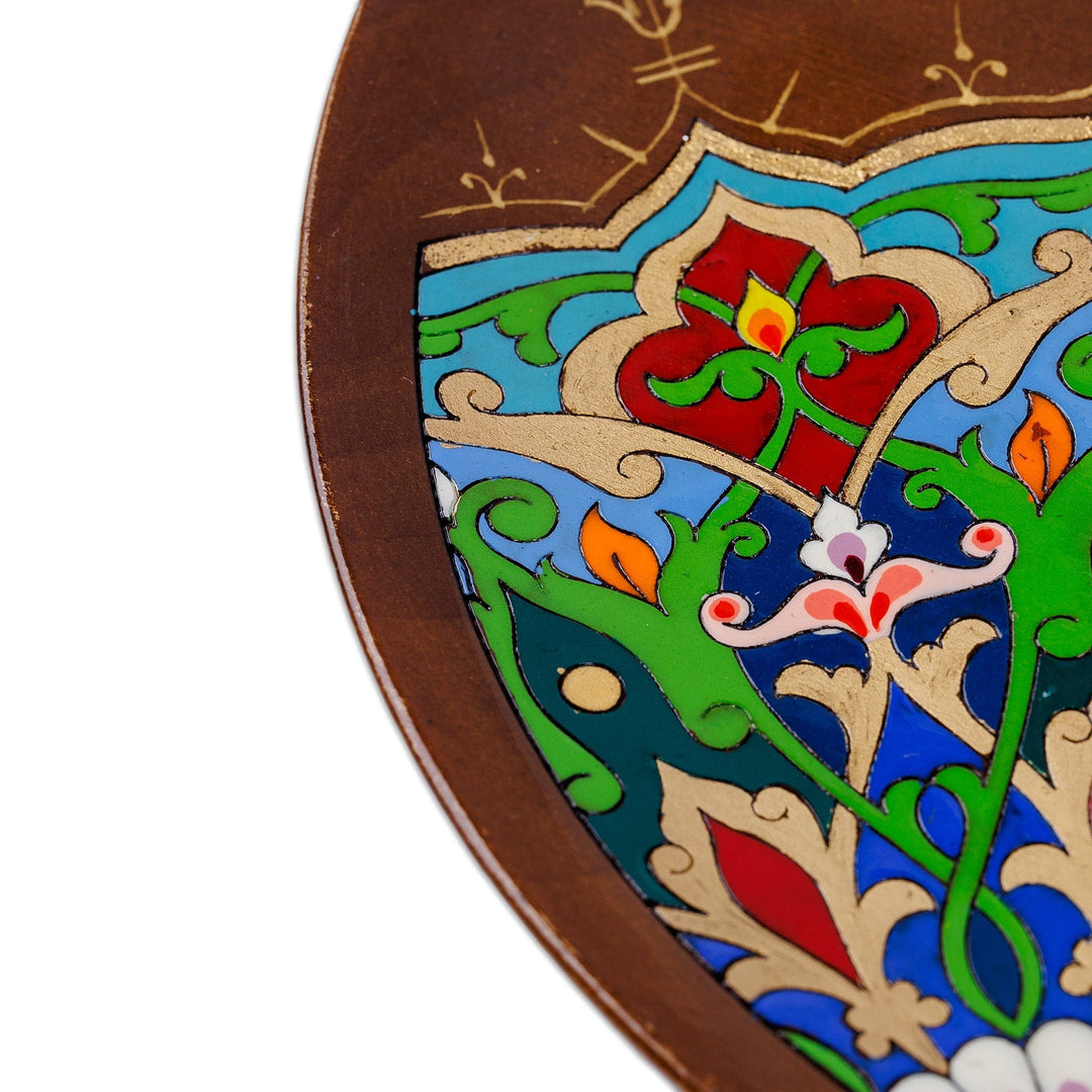 Lacquered Peacock-Inspired Round Walnut Wood Wall Art - 'Peacock's Essence