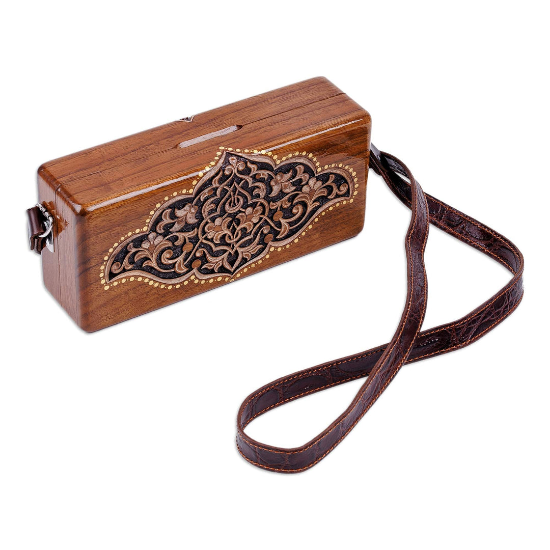 Hand-Carved Floral Walnut Wood Sling with Leather Straps - Sylvan Empress