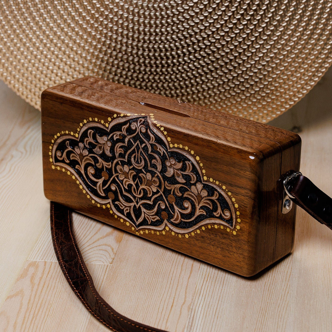 Hand-Carved Floral Walnut Wood Sling with Leather Straps - Sylvan Empress