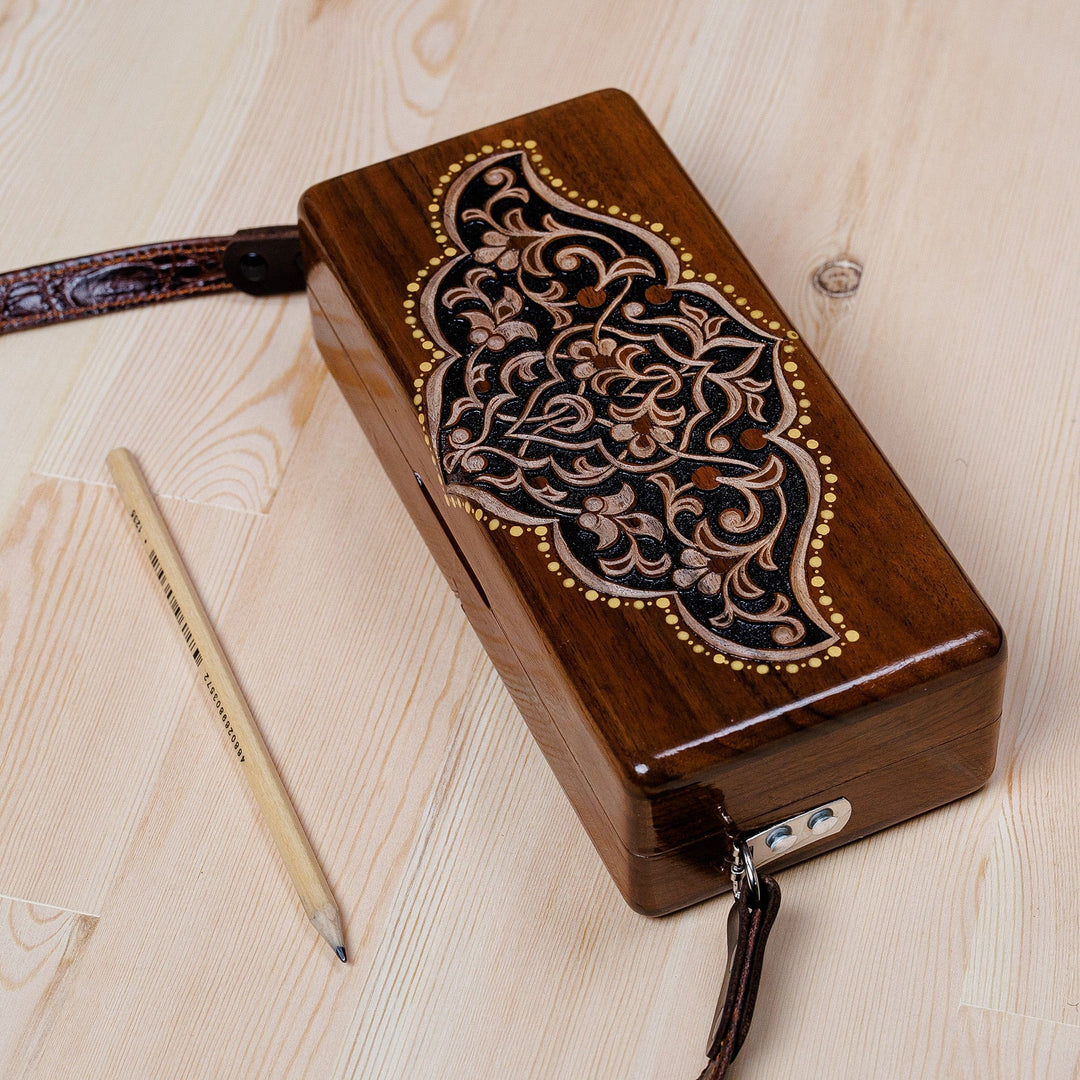 Hand-Carved Floral Walnut Wood Sling with Leather Straps - Sylvan Empress