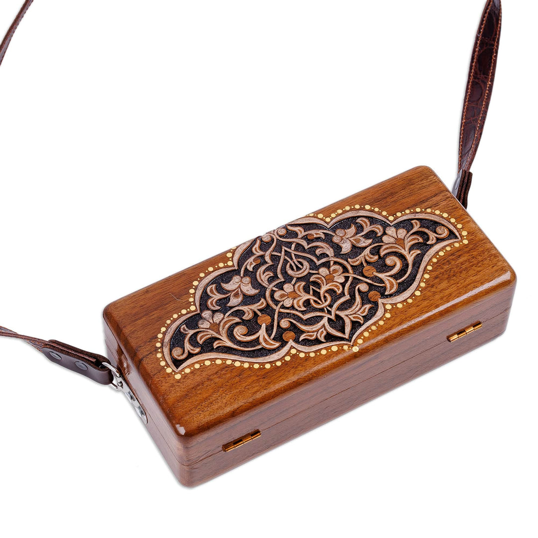 Hand-Carved Floral Walnut Wood Sling with Leather Straps - Sylvan Empress