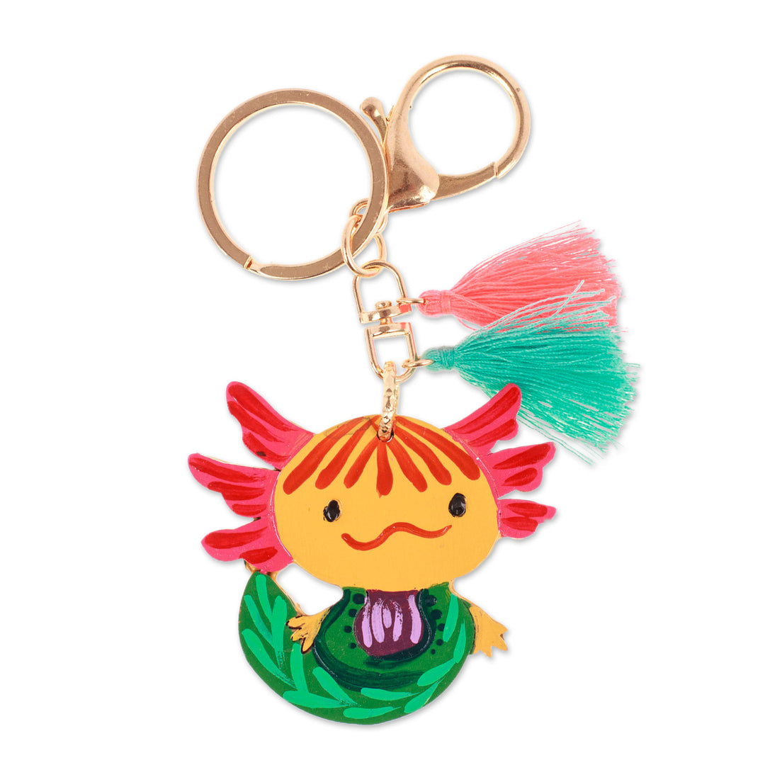 Hand-Painted Axolotl-Themed Wood Keychain and Bag Charm - Aquatic Friend