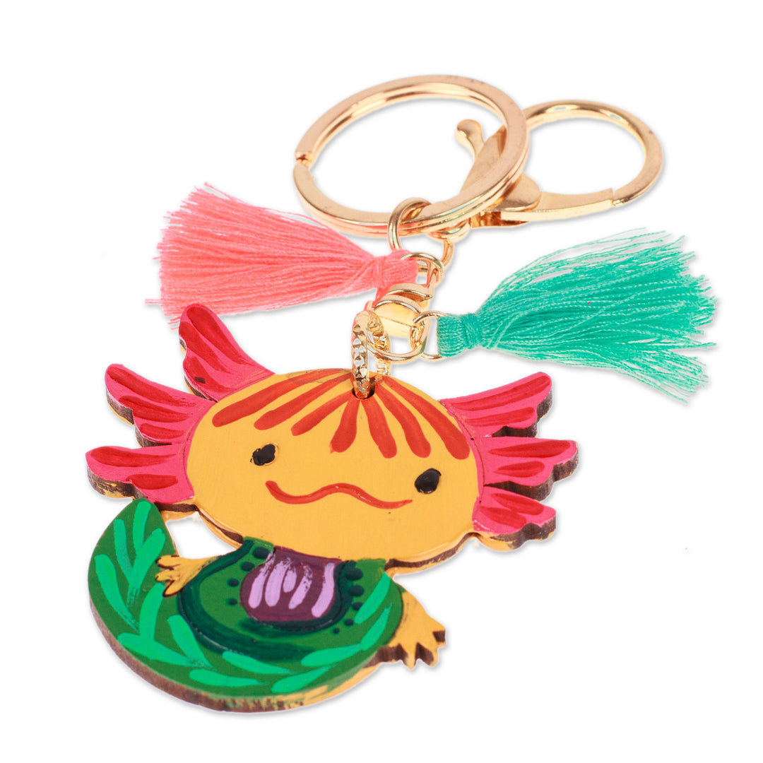 Hand-Painted Axolotl-Themed Wood Keychain and Bag Charm - Aquatic Friend