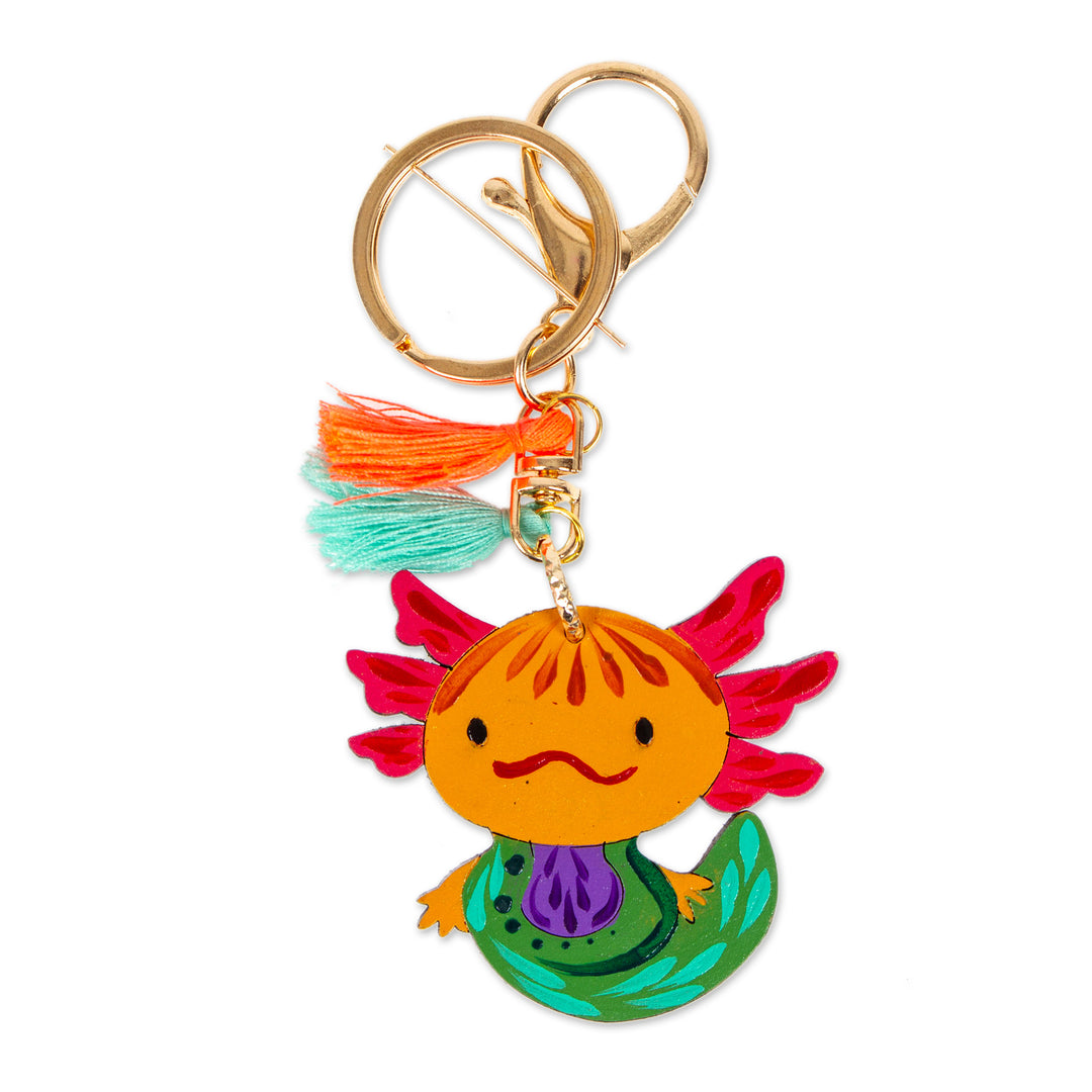 Hand-Painted Axolotl-Themed Wood Keychain and Bag Charm - Aquatic Friend