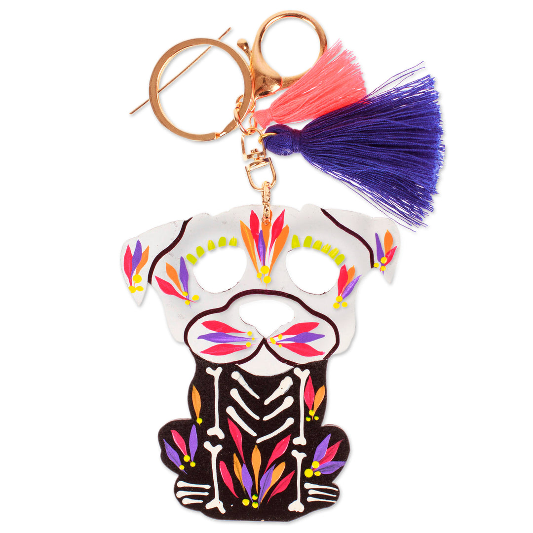 Hand-Painted Wood Day of the Dead Dog Keychain and Bag Charm - Day of the Dead Dog