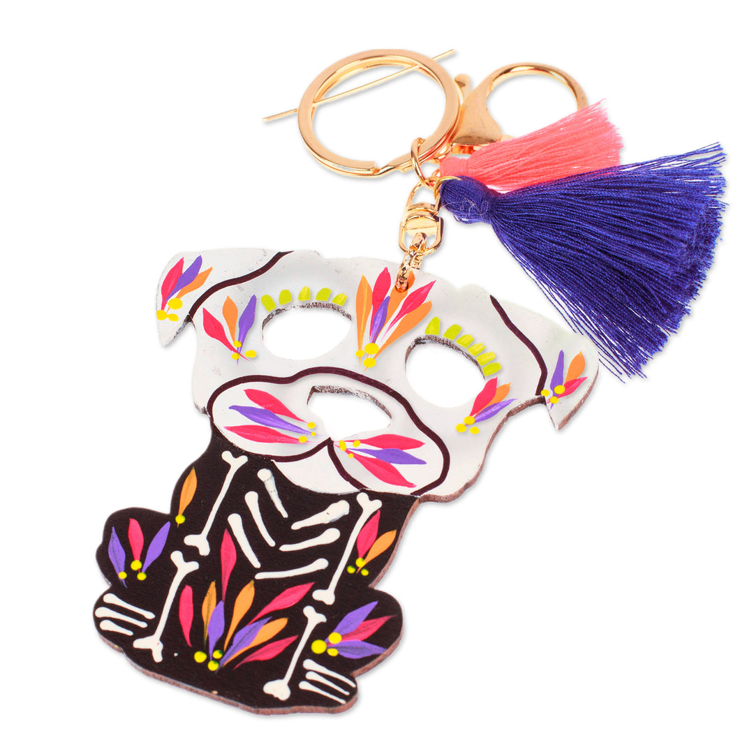 Hand-Painted Wood Day of the Dead Dog Keychain and Bag Charm - Day of the Dead Dog