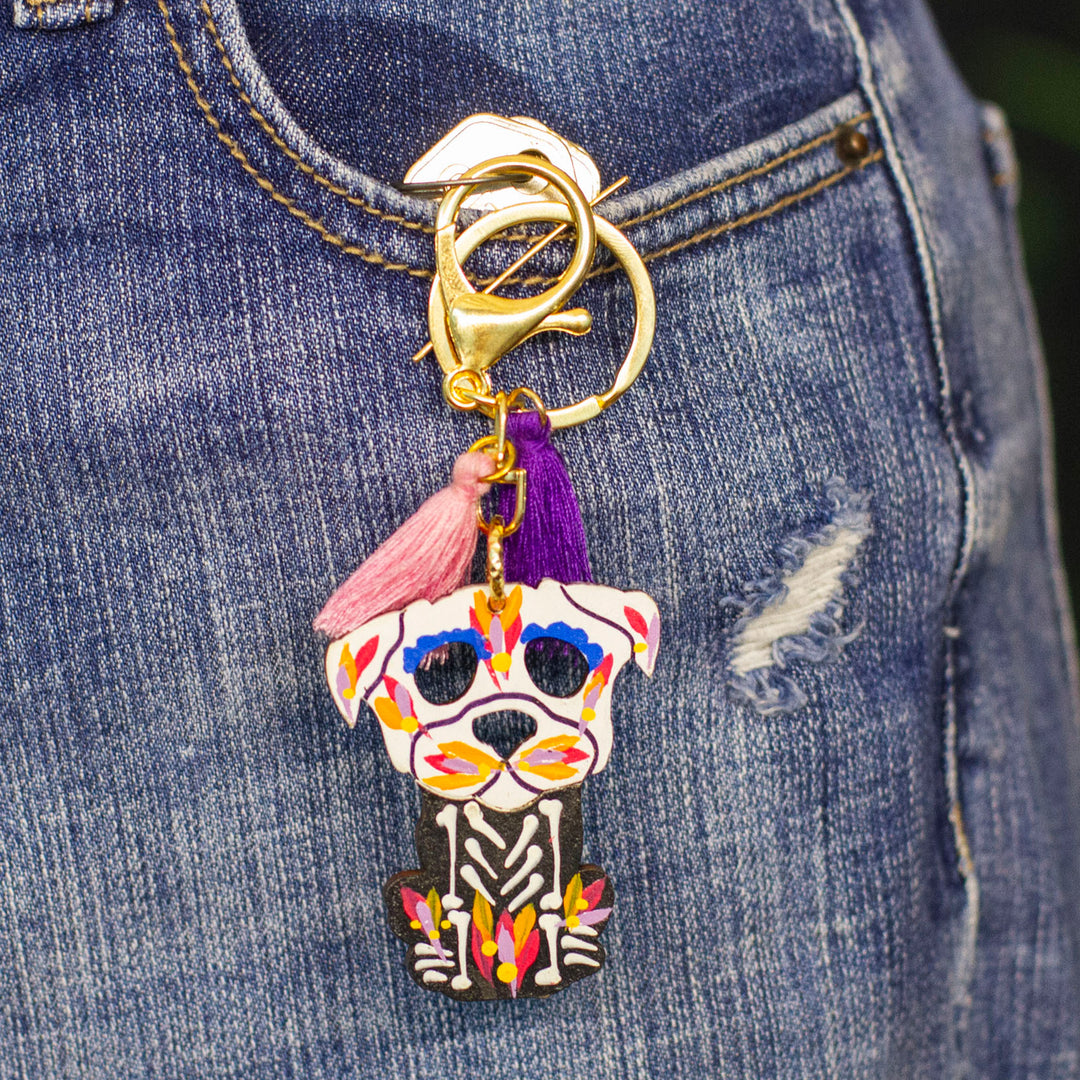 Wood Day of the Dead Skeleton Dog Keychain and Bag Charm - Petite Day of the Dead Dog