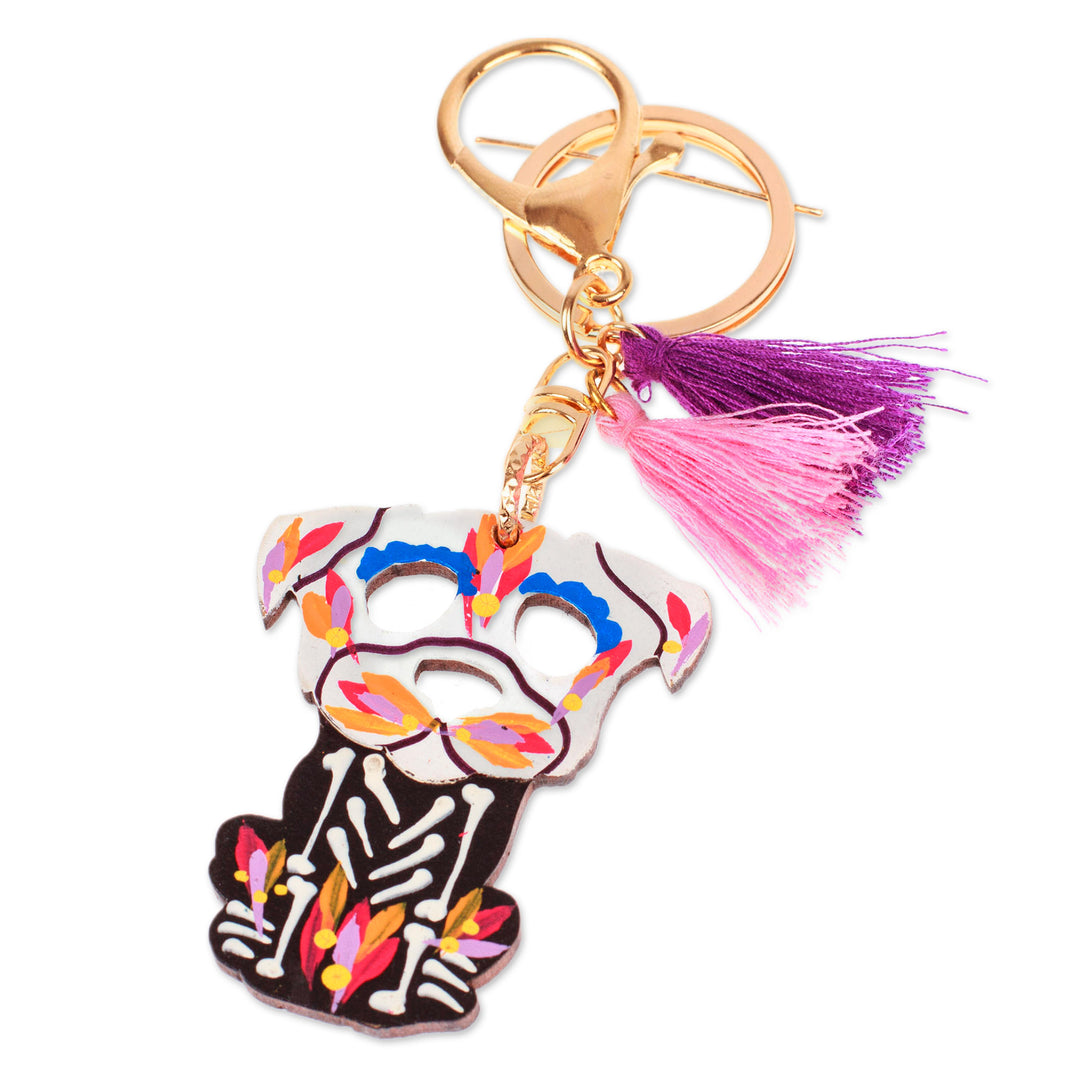 Wood Day of the Dead Skeleton Dog Keychain and Bag Charm - Petite Day of the Dead Dog