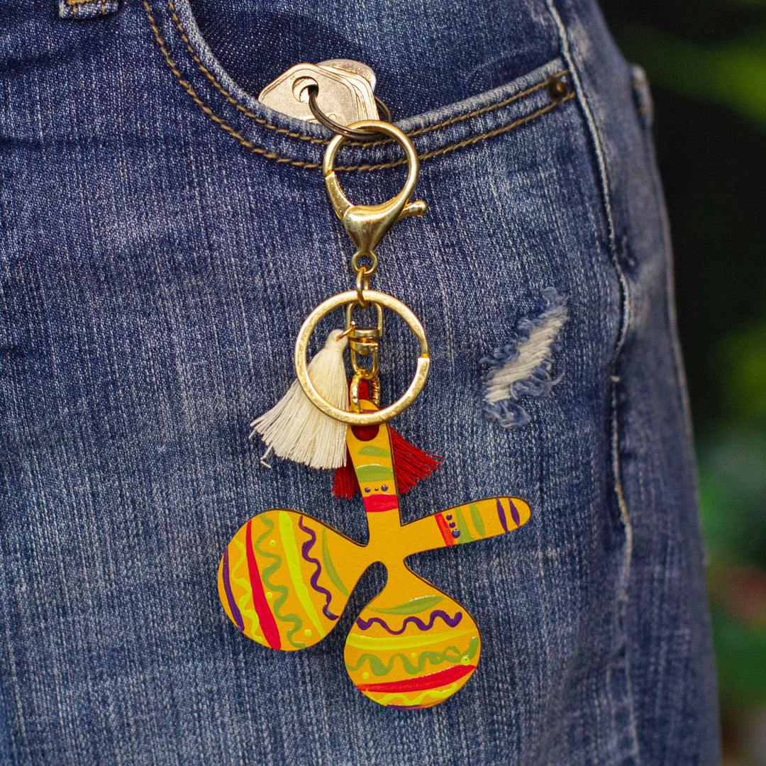 Hand-Painted Maracas-Themed Wood Keychain and Bag Charm - Festive Maracas