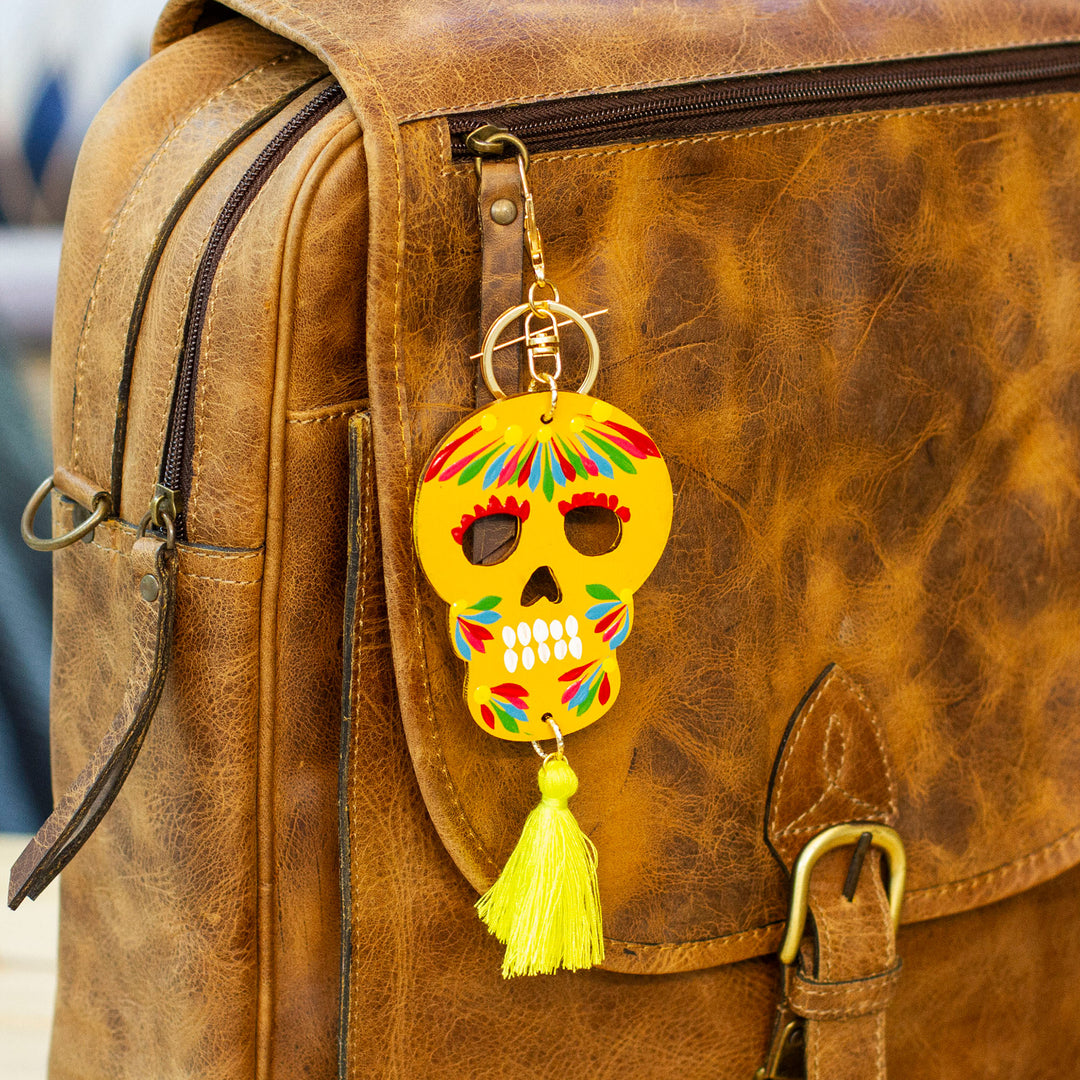 Hand-Painted Day of the Dead Skull Wood Keychain & Bag Charm - Mexican Tradition
