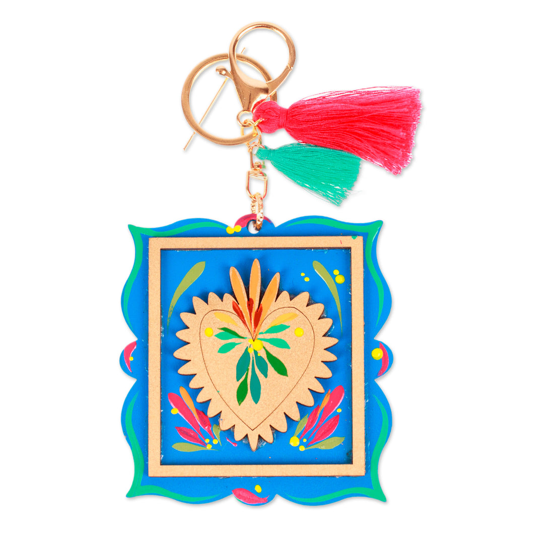 Hand-Painted Wood Golden Sacred Heart Keychain and Bag Charm - Sacred Adoration
