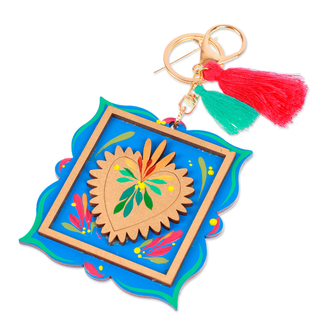 Hand-Painted Wood Golden Sacred Heart Keychain and Bag Charm - Sacred Adoration