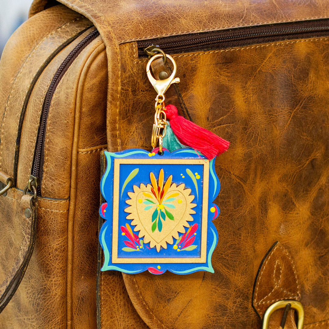 Hand-Painted Wood Golden Sacred Heart Keychain and Bag Charm - Sacred Adoration