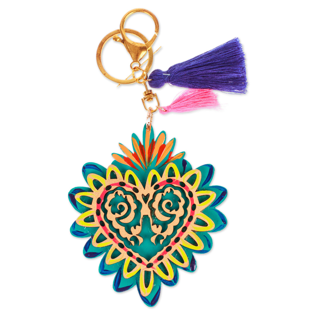 Hand-Painted Wood Heart Keychain & Bag Charm with Tassels - Shimmering Heart