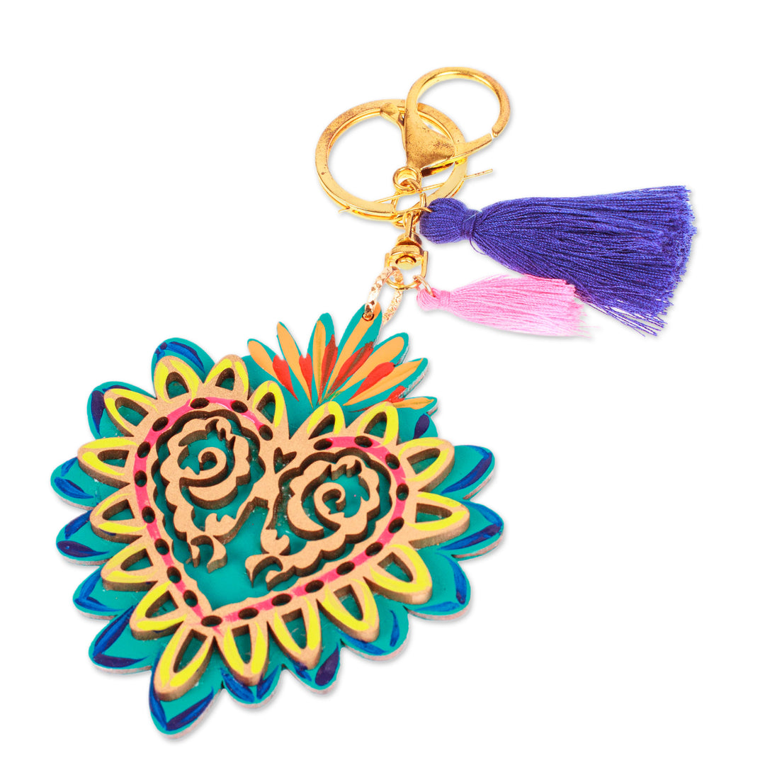 Hand-Painted Wood Heart Keychain & Bag Charm with Tassels - Shimmering Heart
