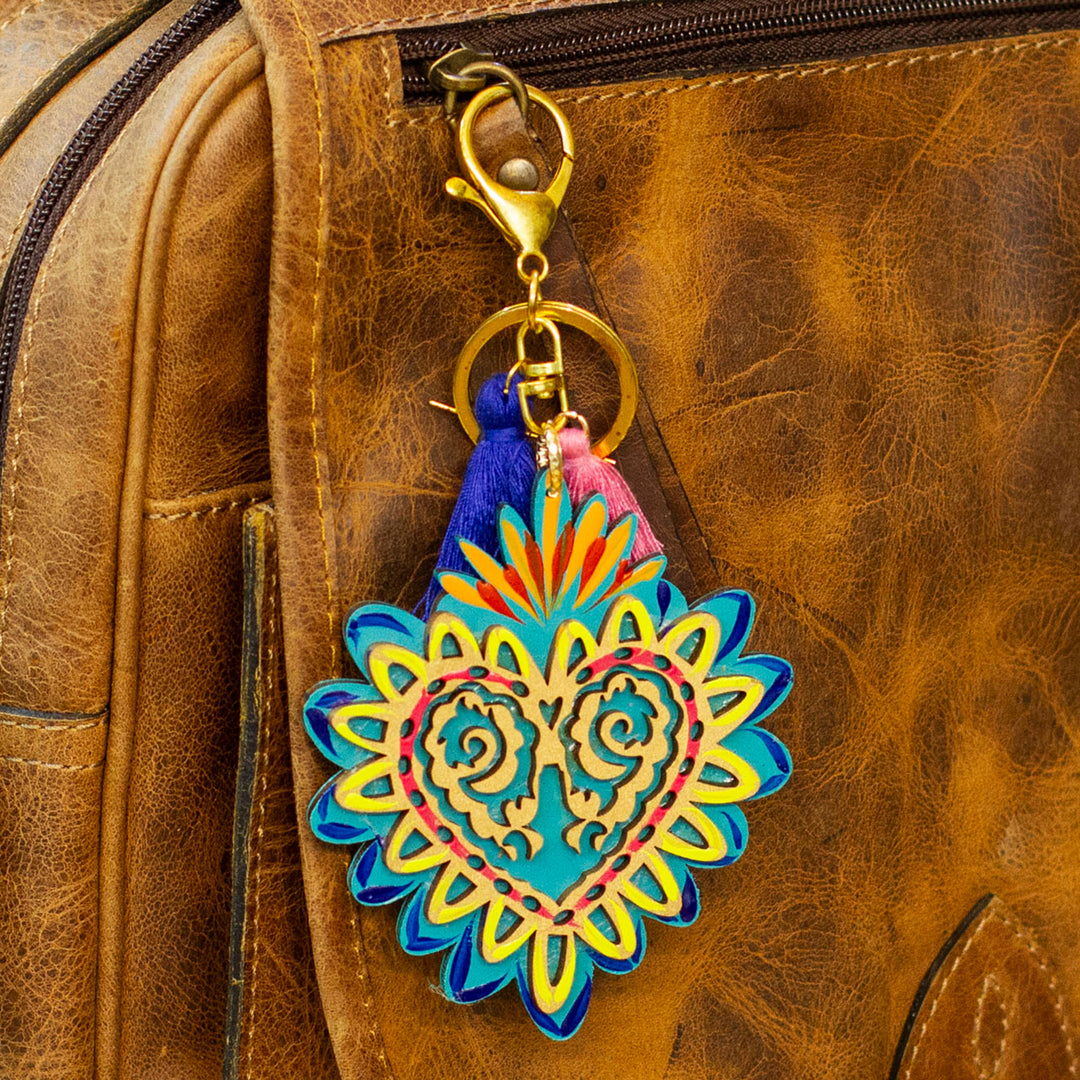 Hand-Painted Wood Heart Keychain & Bag Charm with Tassels - Shimmering Heart