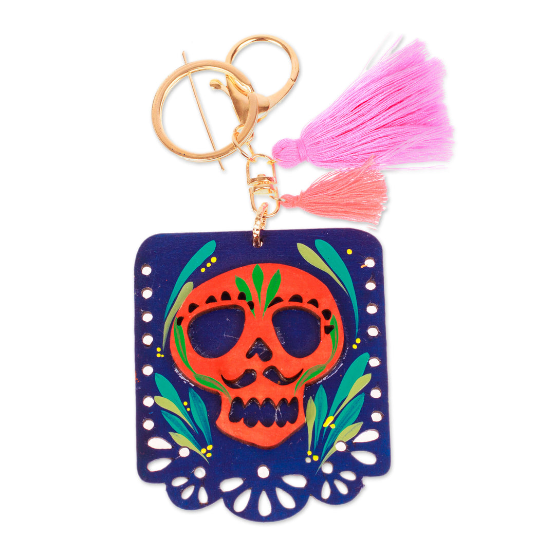 Wood Day of the Dead Skull Keychain & Bag Charm with Tassels - Mexican Custom