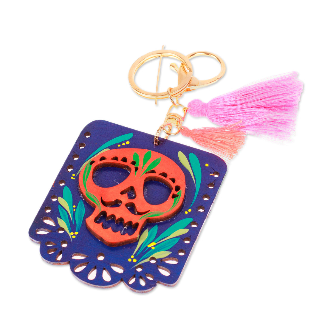 Wood Day of the Dead Skull Keychain & Bag Charm with Tassels - Mexican Custom