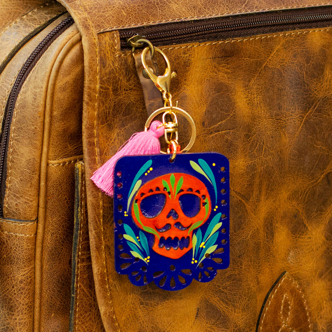 Wood Day of the Dead Skull Keychain & Bag Charm with Tassels - Mexican Custom