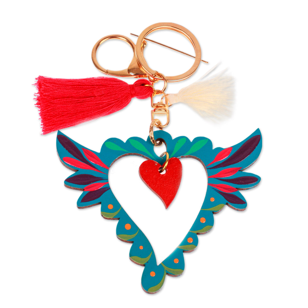 Hand-Painted Winged Heart-Themed Wood Keychain & Bag Charm - Winged Heart