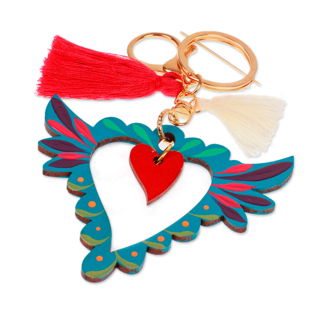 Hand-Painted Winged Heart-Themed Wood Keychain & Bag Charm - Winged Heart