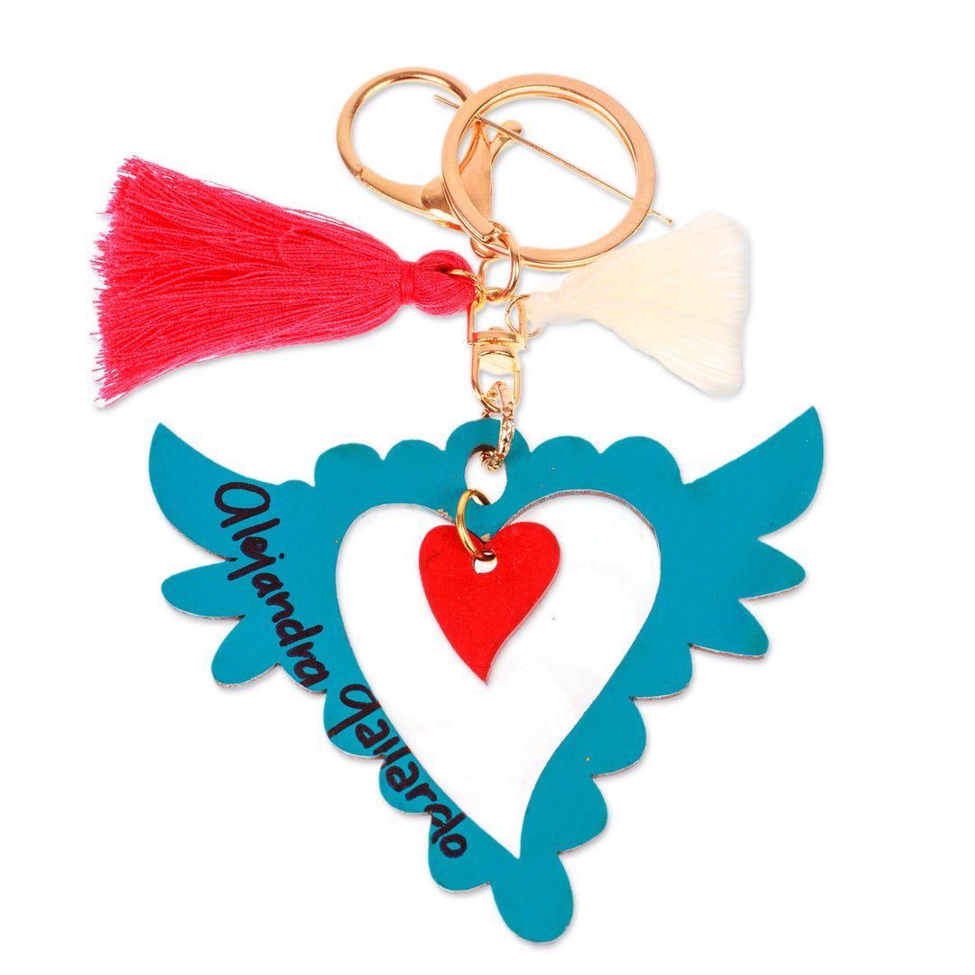 Hand-Painted Winged Heart-Themed Wood Keychain & Bag Charm - Winged Heart