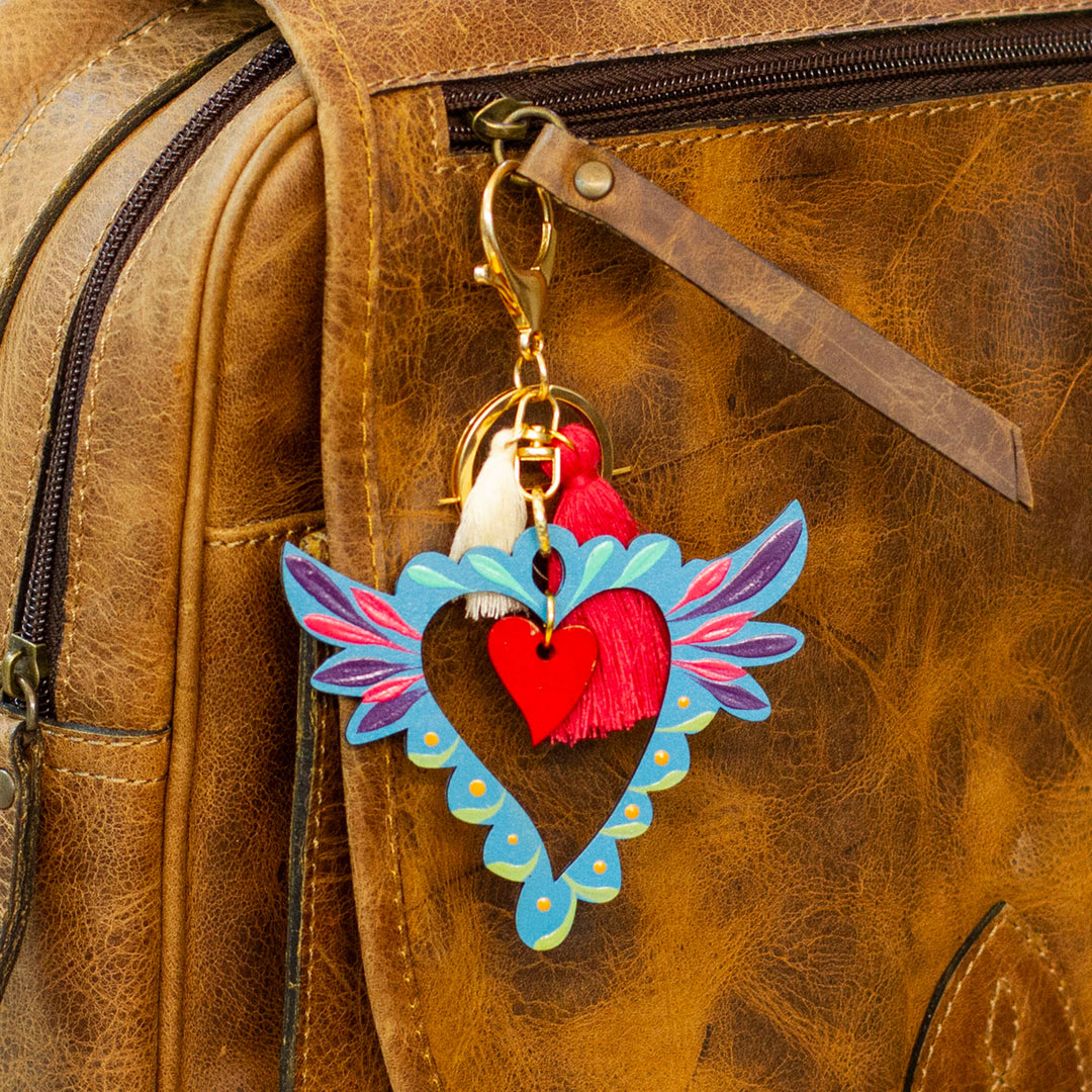 Hand-Painted Winged Heart-Themed Wood Keychain & Bag Charm - Winged Heart