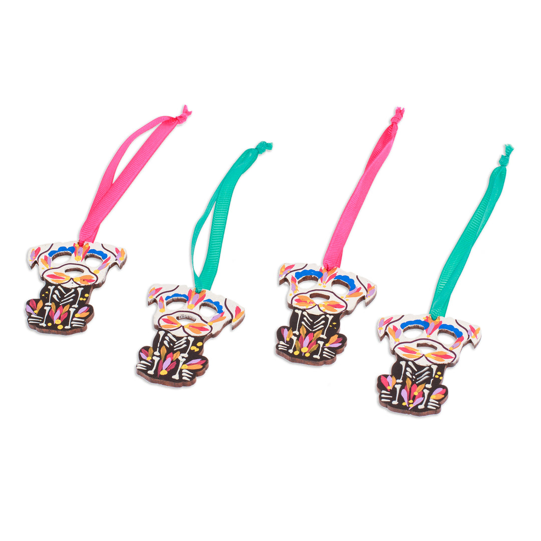 4 Wood Day of the Dead Skeleton Dog Ornaments with Ribbons - Day of the Dead Dog