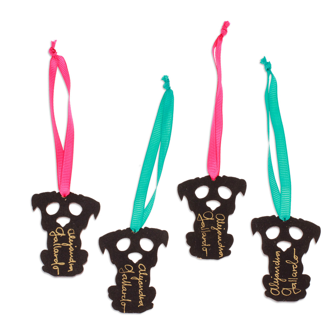 4 Wood Day of the Dead Skeleton Dog Ornaments with Ribbons - Day of the Dead Dog
