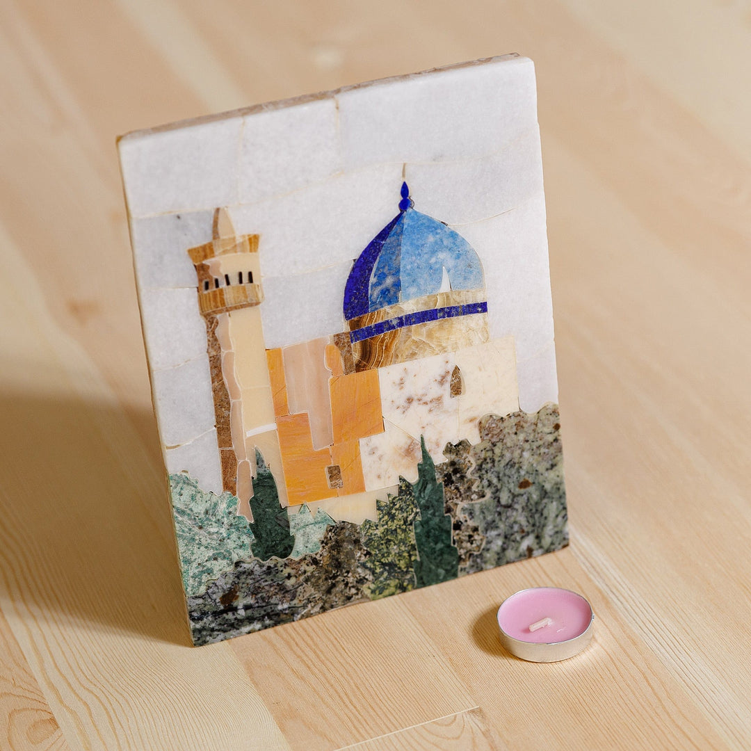 Handmade Traditional Architectural Multi-Gemstone Wall Art - Minaret and Dome