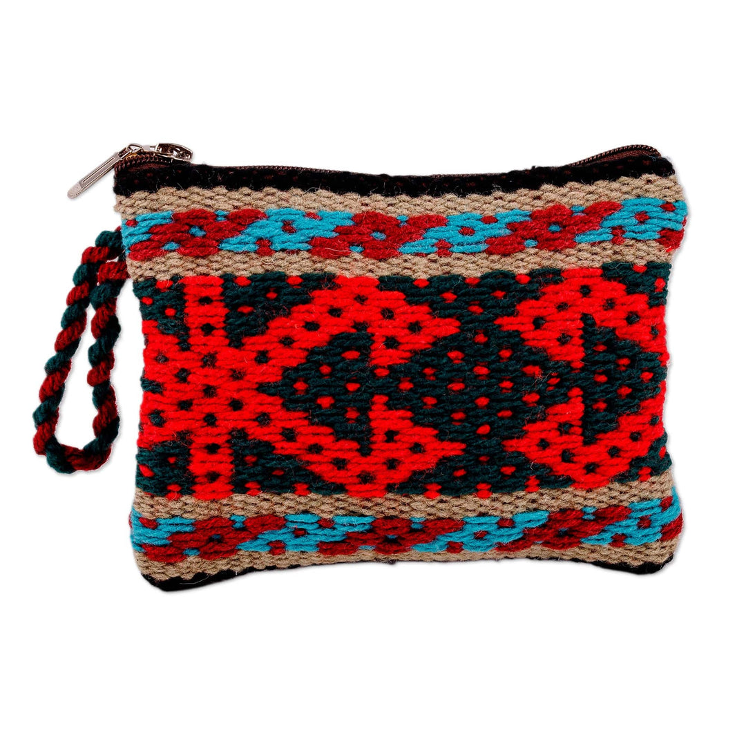 Geometric-Patterned Red Zippered Cotton and Wool Coin Purse - Ancestral Fortune