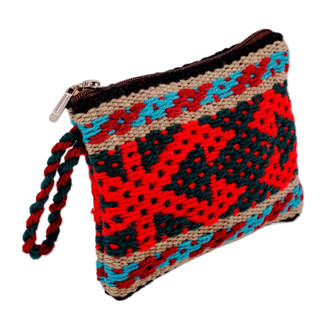 Geometric-Patterned Red Zippered Cotton and Wool Coin Purse - Ancestral Fortune