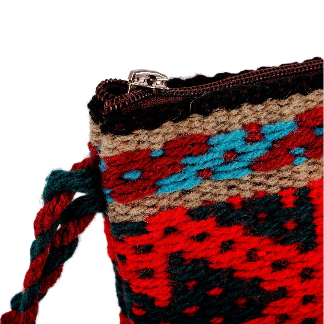 Geometric-Patterned Red Zippered Cotton and Wool Coin Purse - Ancestral Fortune