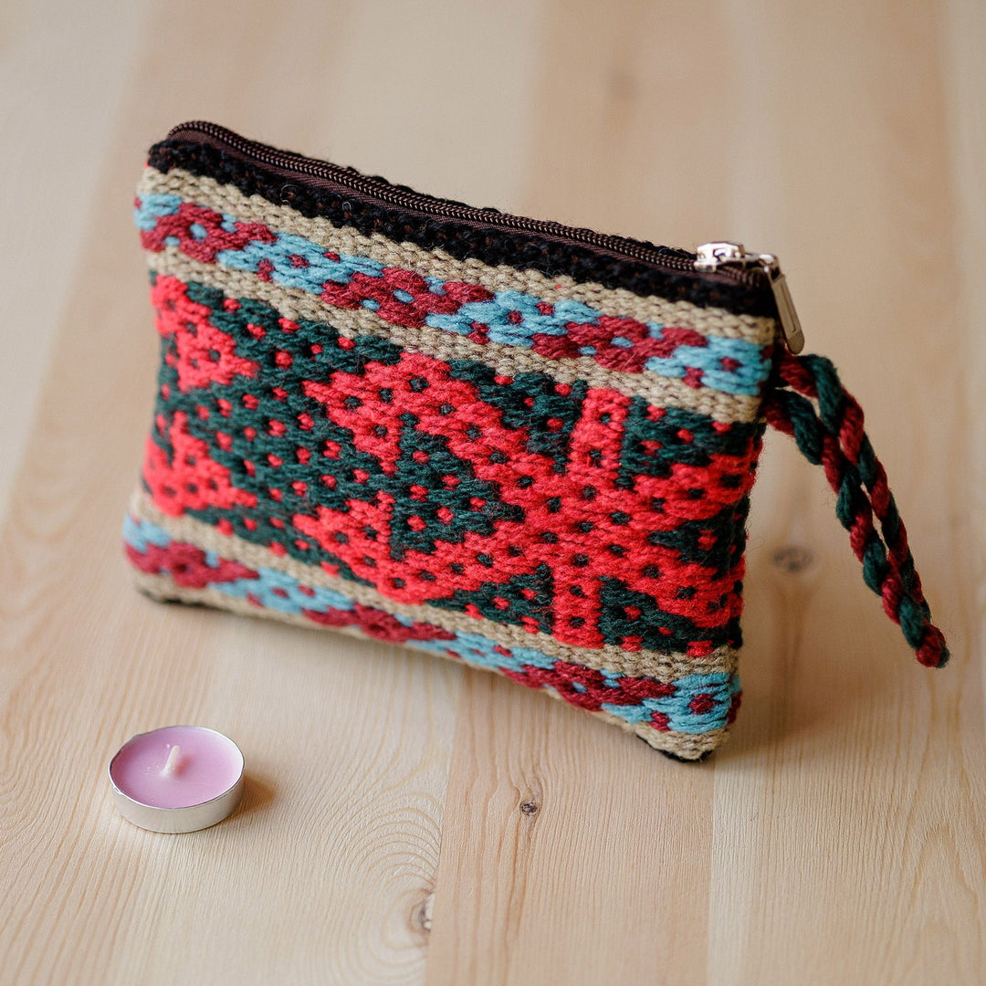Geometric-Patterned Red Zippered Cotton and Wool Coin Purse - Ancestral Fortune