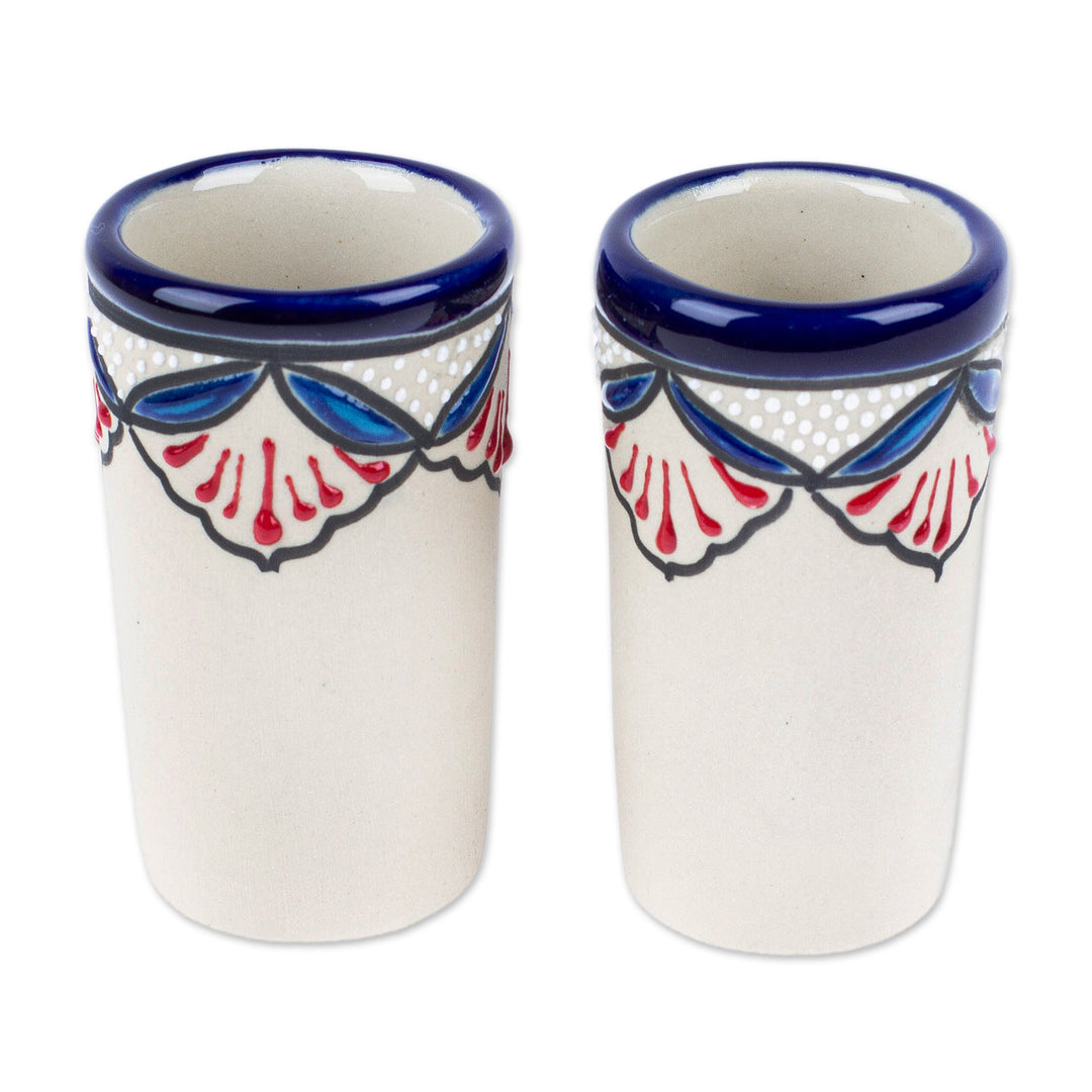 Pair of Hand-Painted Talavera-Style Ceramic Tequila Cups - Talavera Flourish