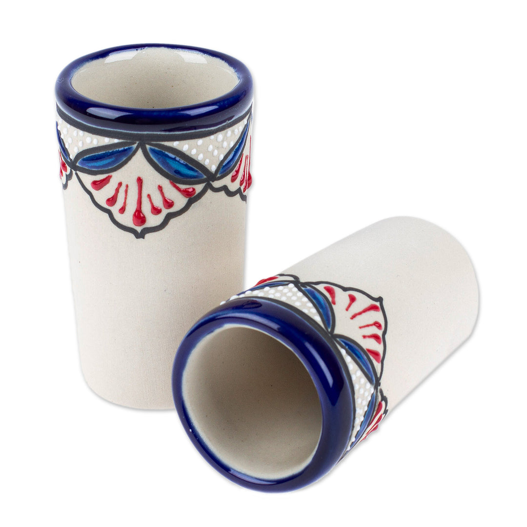 Pair of Hand-Painted Talavera-Style Ceramic Tequila Cups - Talavera Flourish