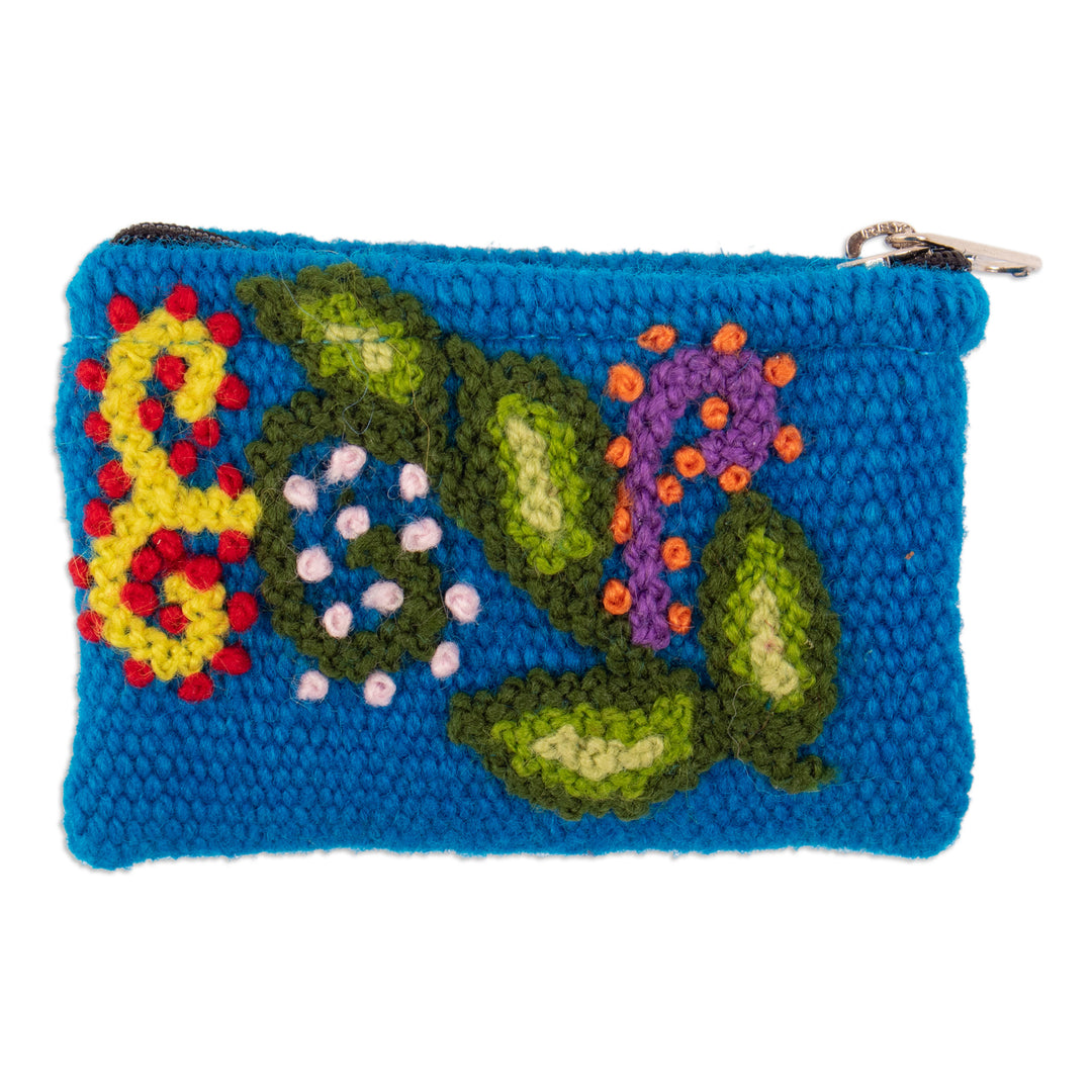 Handcrafted Leaf-Themed Blue Wool Coin Purse from Peru - Eden Blue