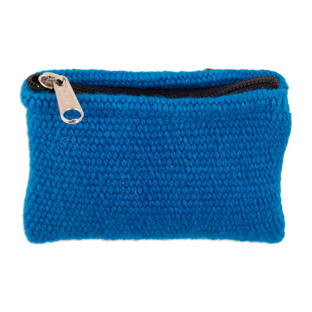 Handcrafted Leaf-Themed Blue Wool Coin Purse from Peru - Eden Blue